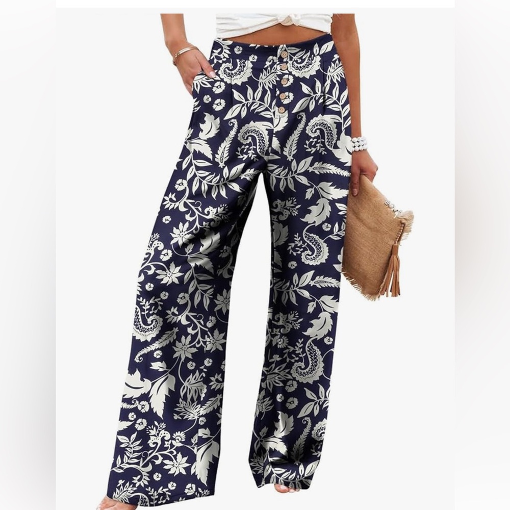 Navy White Floral Paisley Wide Leg Pants High Waist‎ Button Front Trousers #85
